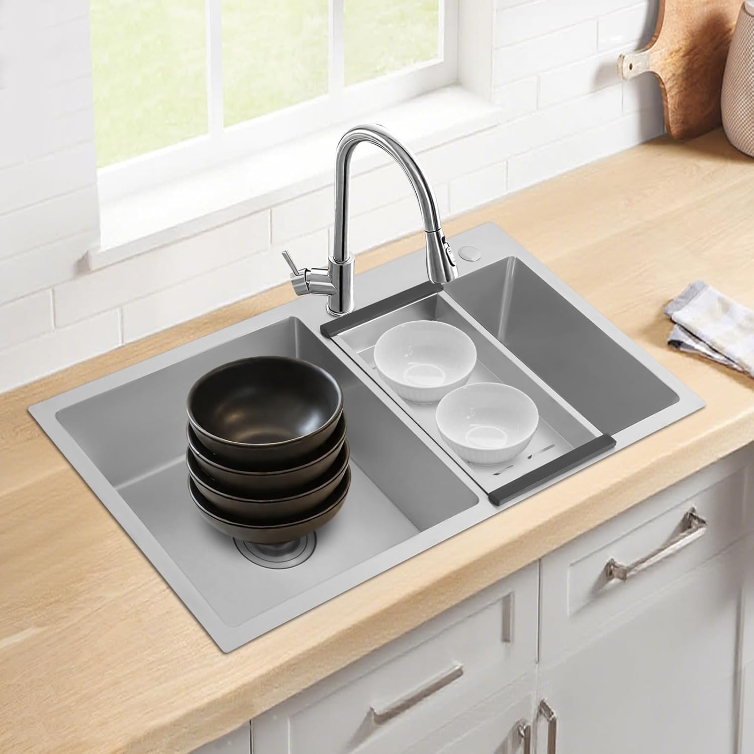 Kitchen Sink, Drop in & Top Mount Workstation Double Bowl Sinks, 304 Stainless Steel Nanocoating Finish Rectangular Deep Sink w/Drain Basket & Drainage Filters for Modern Kitchen (30.7 x 16.9)