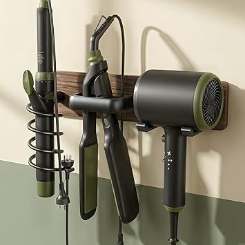 Tindbea Upgraded Walnut Hair Dryer Holder Wall Mounted,3-in-1 Hair Tool Organizer for Blow Dryer, Curling iron, and Straightener, Blow Dryer Holder for Bathroom, Vanity, Matte Black
