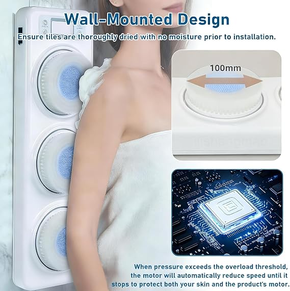 Wall Mounted Electric Back Scrubber, 360° Automatic Rotating Shower Brush with 3-Speed Adjustment, Dual Modes Waterproof Exfoliating Body Wash Pad for Home Shower SPA
