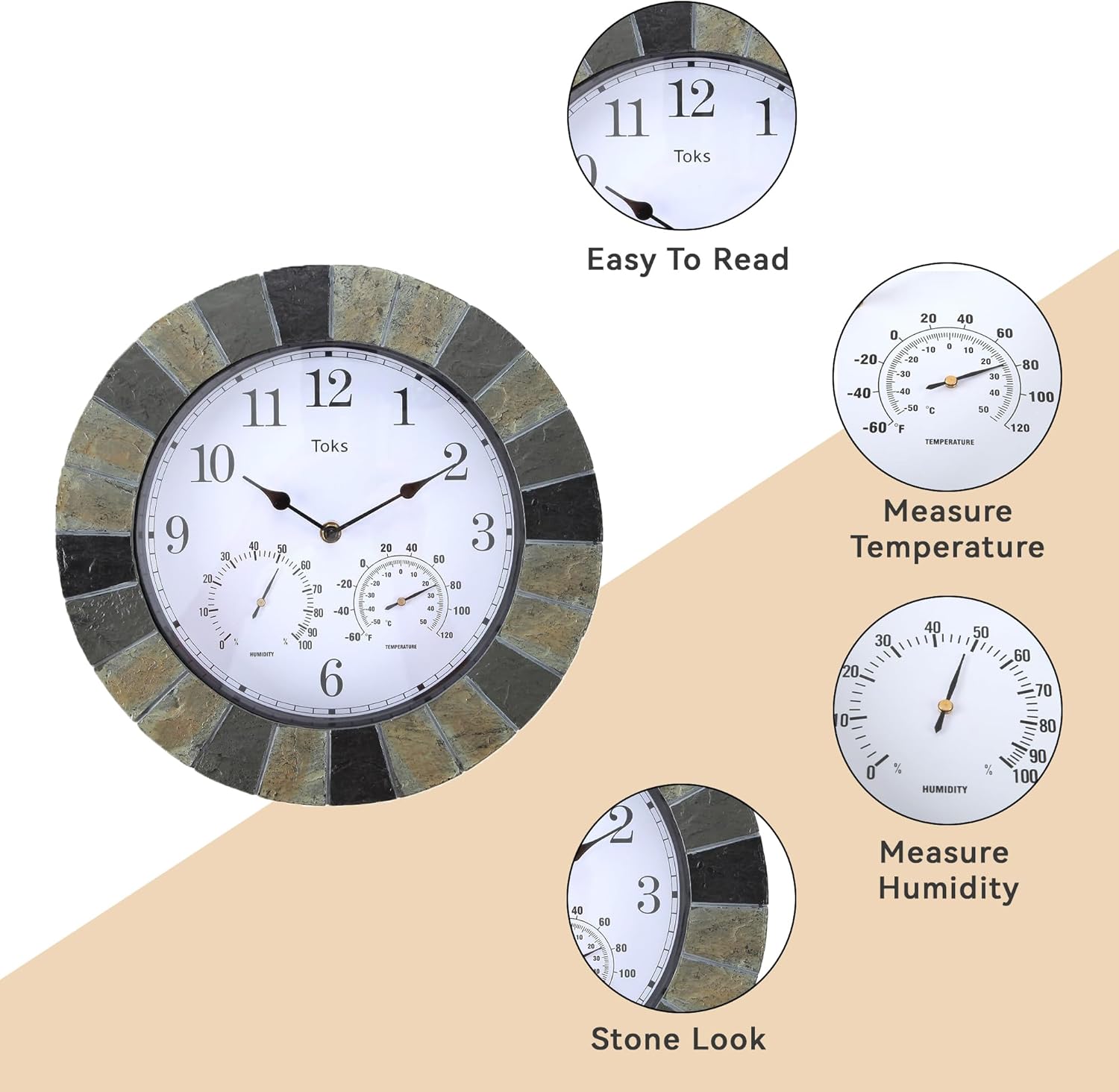 Lily's Home Hanging Wall Clock, Includes a Thermometer and Hygrometer and is Ideal for Indoor and Outdoor Use, Faux-Slate (10 Inches)
