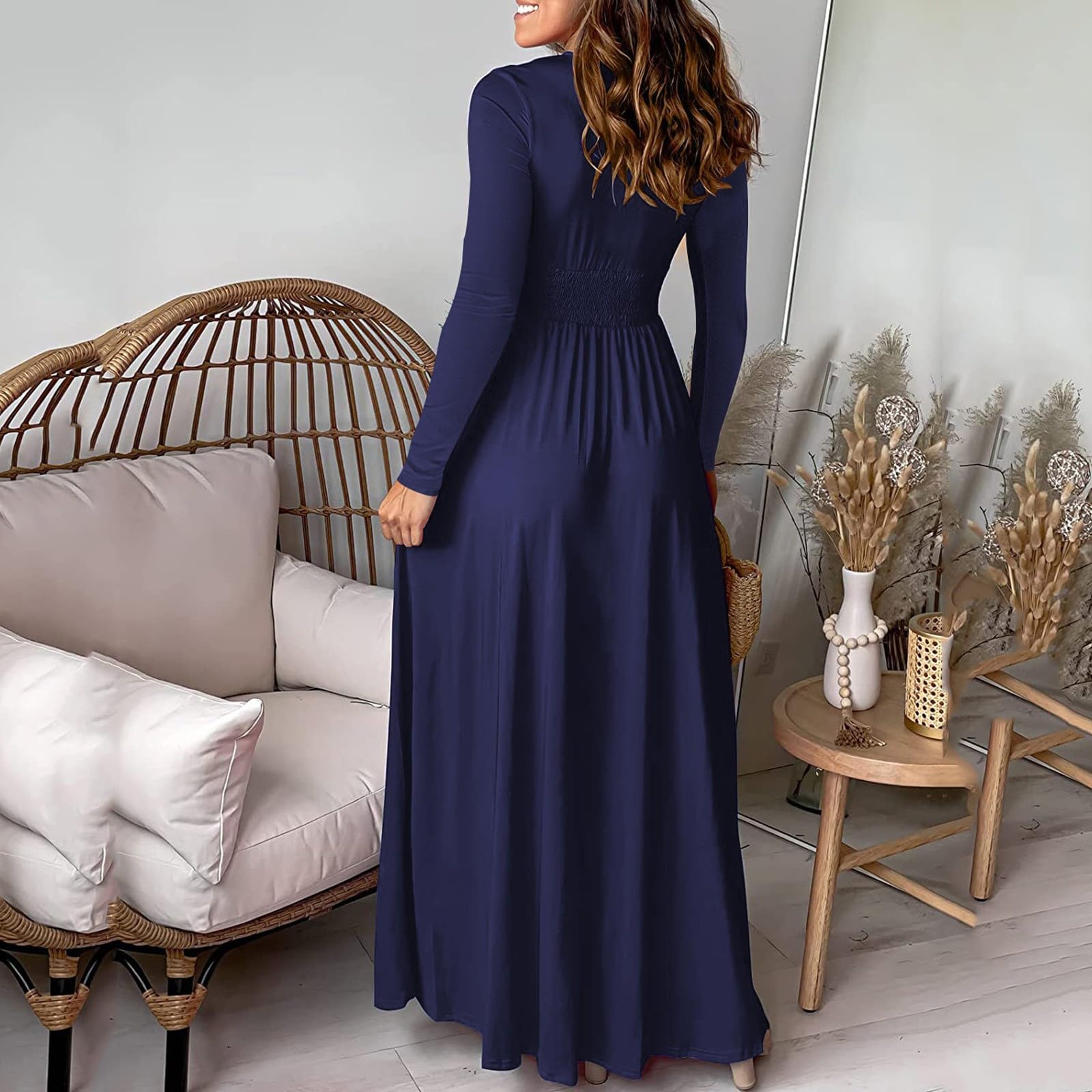 Vestido Largo de Noche para Mujer con Manga Larga y Corte en V Plisado Elegante para Cóctel