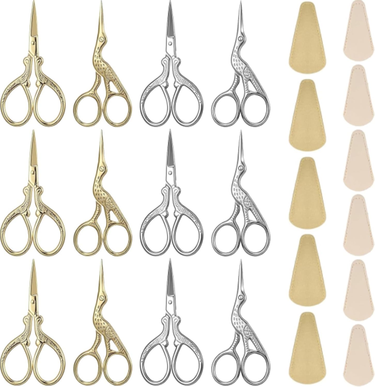 12 Pcs Embroidery Scissors Stainless Steel Sharp Stork Scissors with Leather Cover Vintage Small Sewing Crochet Shears 3.6 Inch for Crafting Artwork Needlepoint Threading DIY Tool Gold Silver