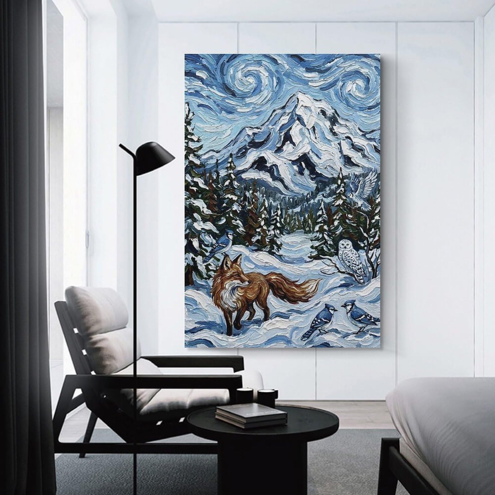Junmoney Winter Landscape with Fox And Birds Decorative Wall Artwork 20x30inch(50x75cm), for Home Lounge, Bedroom Or Reading Nook, Easy Decor for Gallery Walls