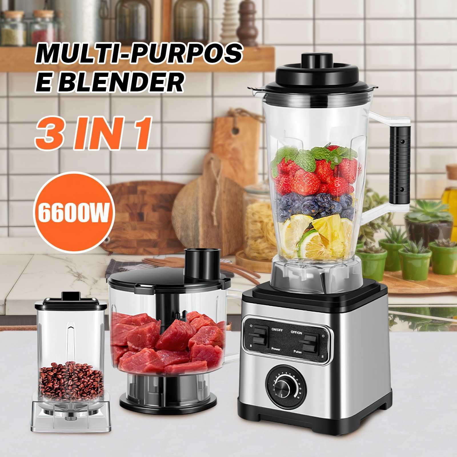 6600W Robot Cocina Multifuncional, Cuenco Mezclador 3 L, Batidora Batidora, Molinillo de café, Ergonómico, Trituradora de Granos, Batidos, Hielo Picado, Batidora y Batidora de Batidos