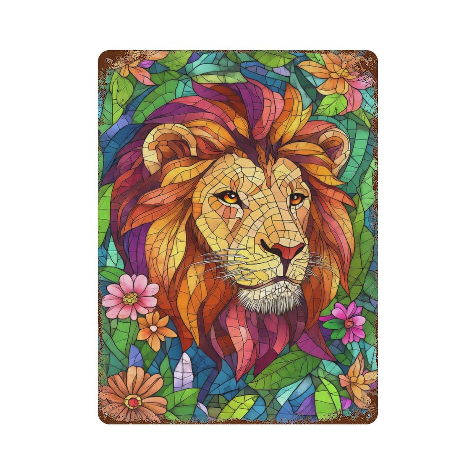 Rust Effect Lion in Mosaic Rusty Metal Tin Sign 15.7"x11.8", Old School Wall Decor for Basement, Hobby Room And Garage Decor