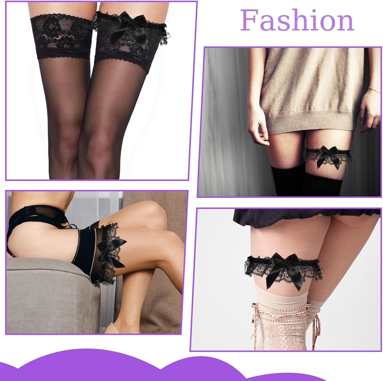 2Pcs Wedding Garter for Bride, Lace Bowknot Garter Party Prom Leg Garter Belt Black Bowknot Elastic Leg Ring, for Bride - Image 4