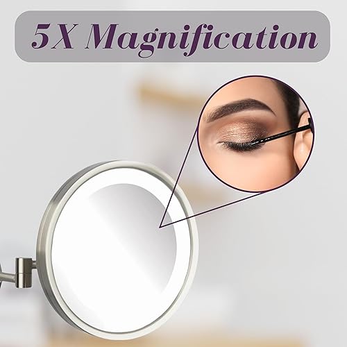Miniatura 10 de Jerdon Espejo de maquillaje iluminado para montar en la pared, espejo de maquillaje con aumento 5X y brazo de montaje en pared, espejo de 9.5