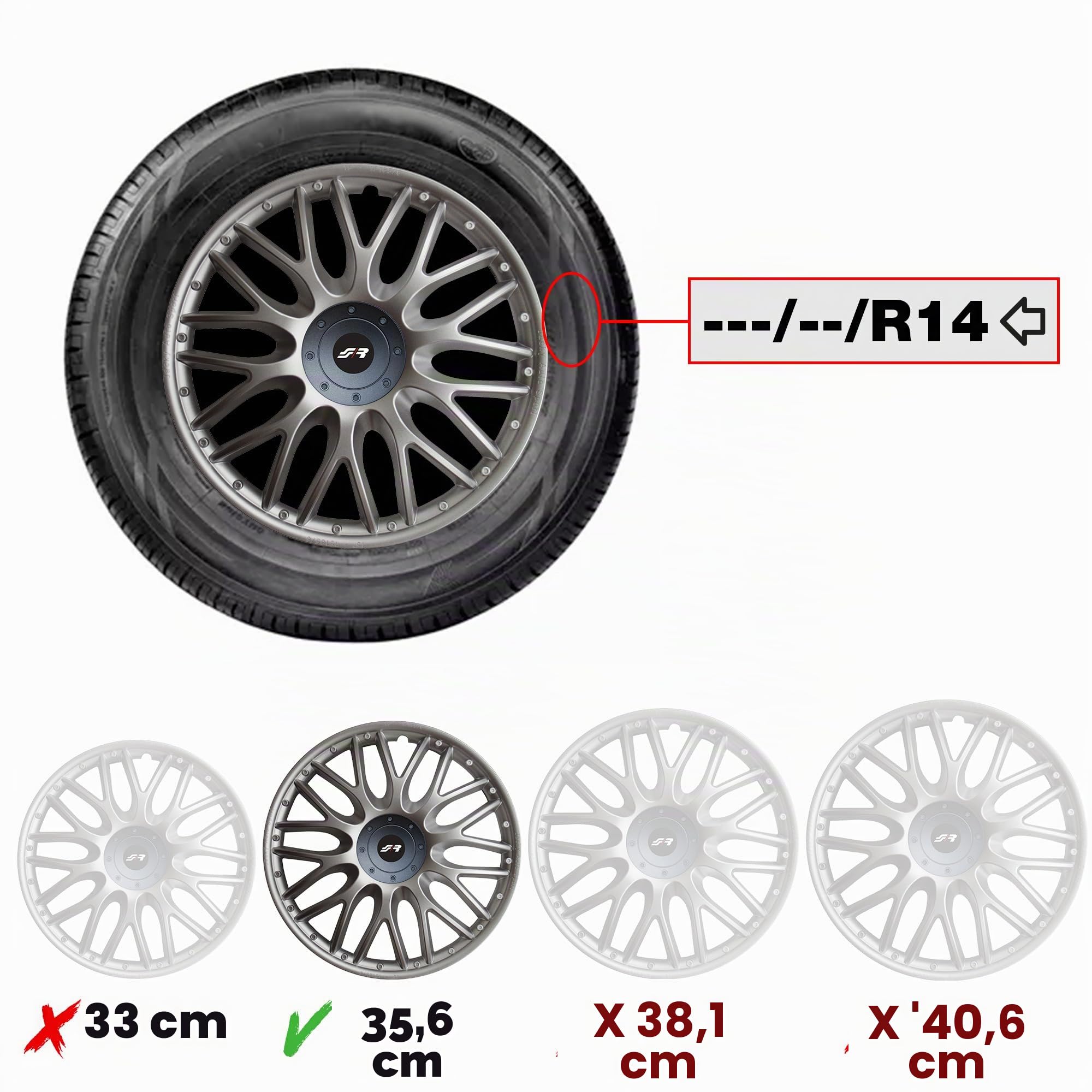 Simoni Racing ORD/14 Lot de 4 enjoliveurs Orden 14 Pouces, Cache-Roue Universel Gris argenté