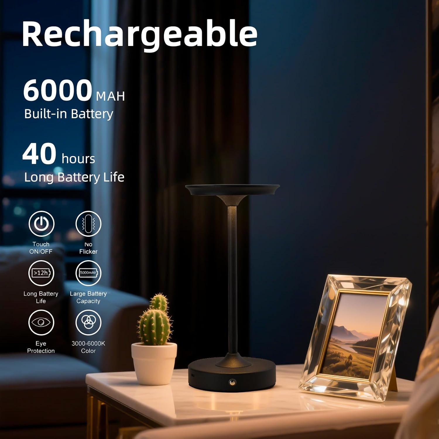 2 Pack Rechargeable Table Lamp, LED Cordless Table Lamp, 5000mAh Battery Operated Portable Table Light,Dimming for Restaurant/Patio/Outdoor(Black)