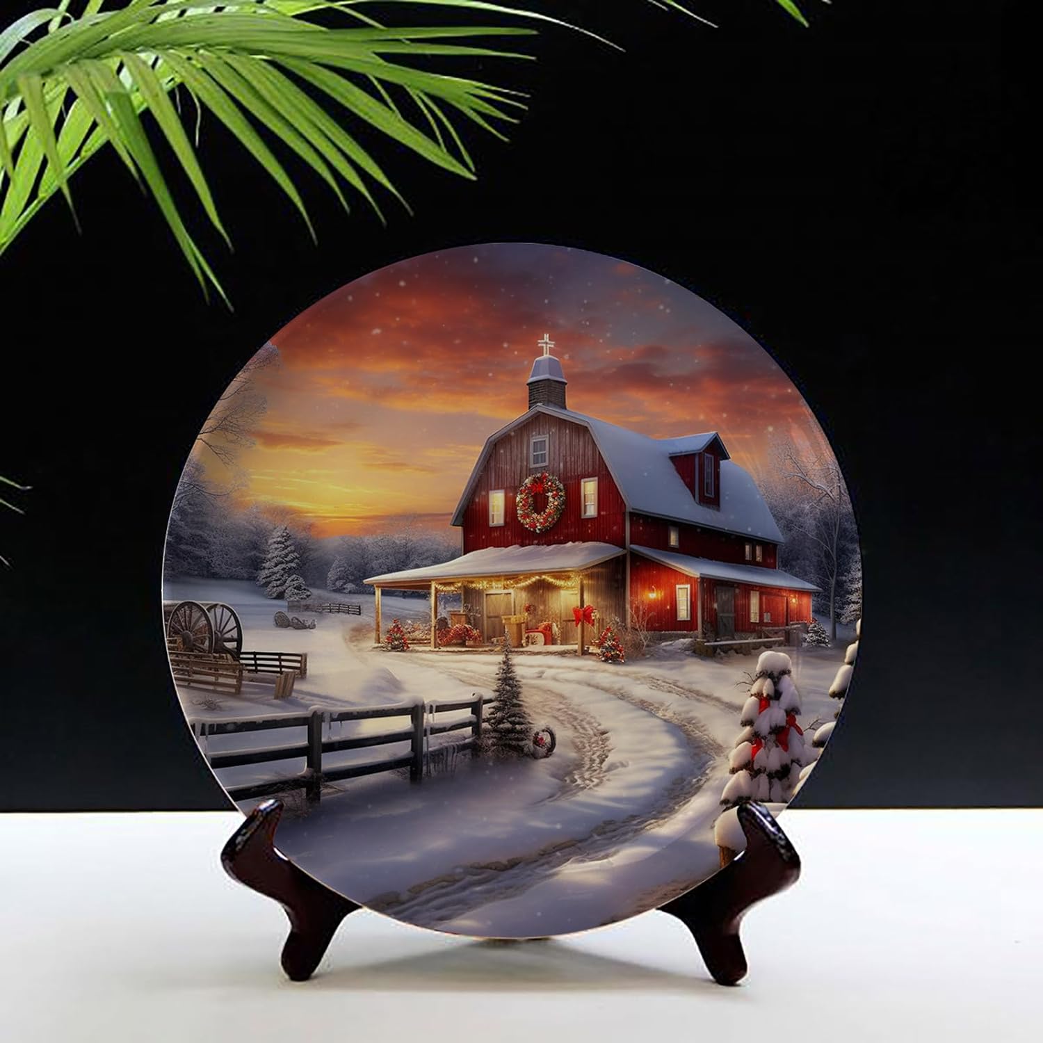 Winter Country Christmas Decorative Plate Custom Art Decoration Fashion Design with Display Stand for Home Office Table Decor Porcelain Plates - 8 Inches