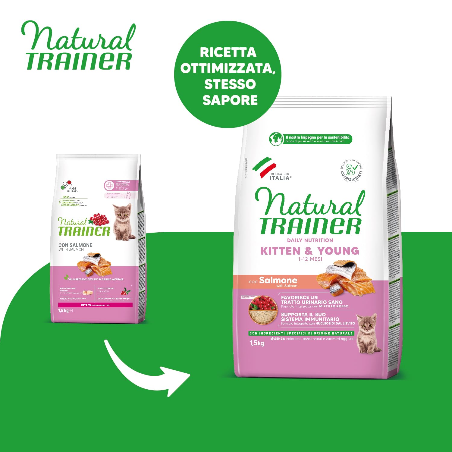 Trainer Kitten Cibo per Gattino, 1 a 12 Mesi, con Salmone, 1.5 kg, packaging may vary