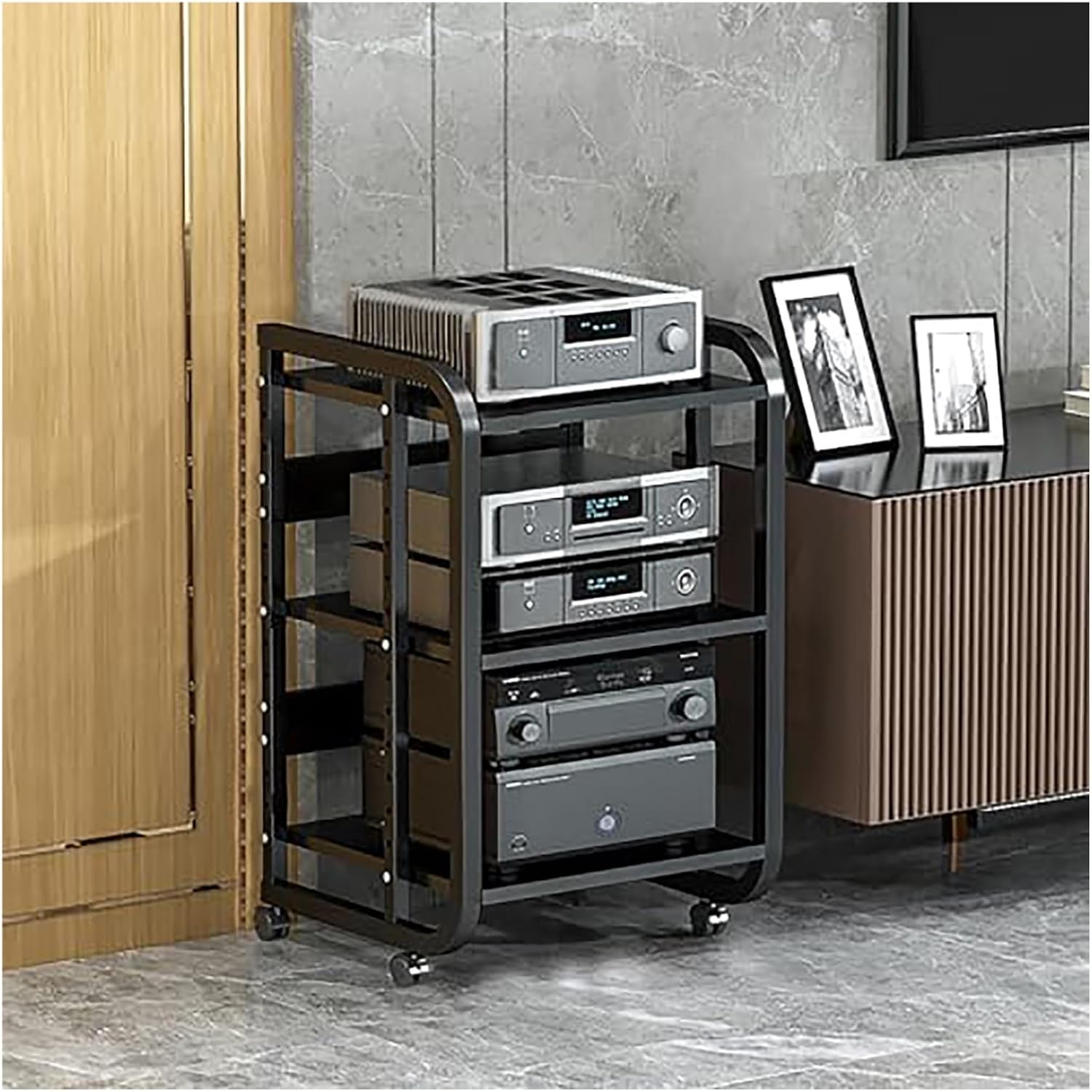 Modern AV Rack - 3-Tier Sturdy Entertainment Stand for Home Office Gaming Consoles & Audio Equipment - Open Design Media Cabinet (Black)