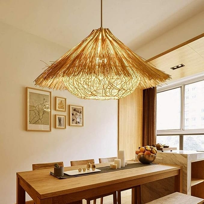 Generic Chandelier Modern Natural Bedroom Kitchen Living Room Retro Hotel Chandelier Pastoral Personality Bamboo Lampshade Woven Wicker Rattan Lamp (Color : Vine color-small)