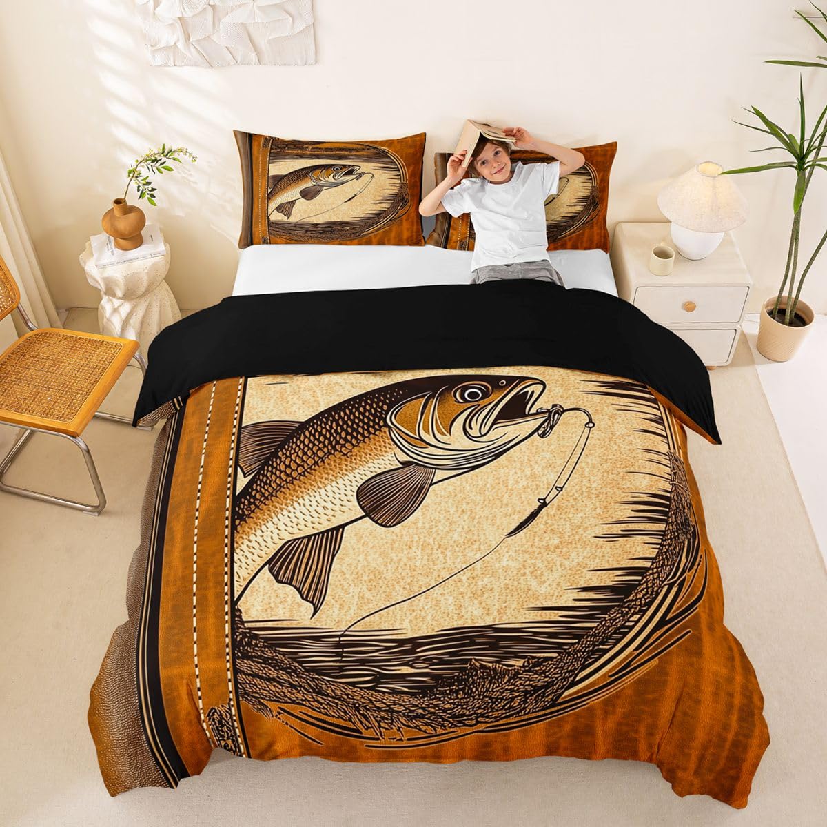 Loussiesd Set di biancheria da letto con copripiumino super king size, motivo pesce basso, caccia e pesca, per ragazzi e ragazze, set di biancheria da letto da 3 pezzi, decorazione per la stanza