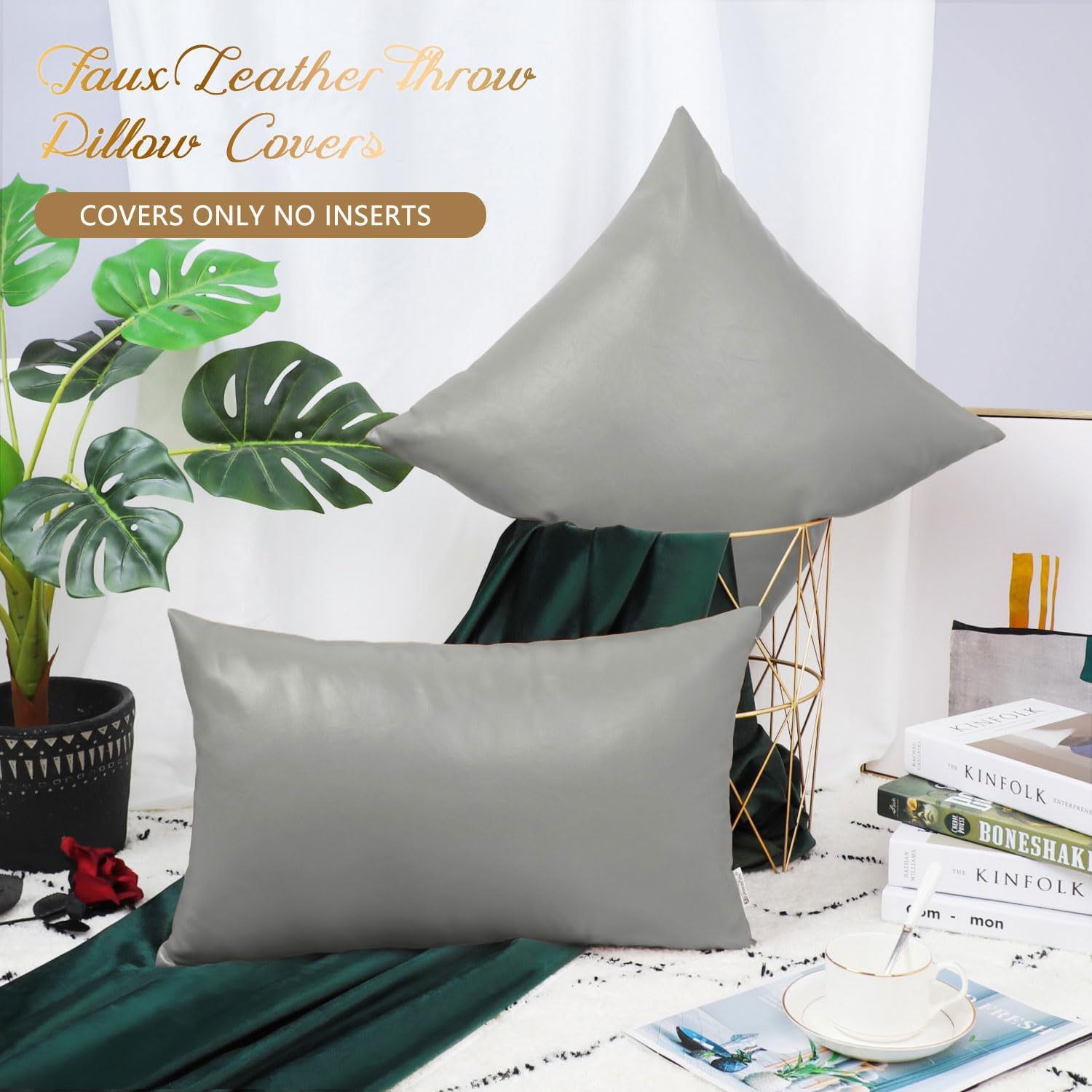 BRAWARM Faux Leather Throw Pillow Covers 18x18 Inches, Medium Gray, 2 Pack image 3