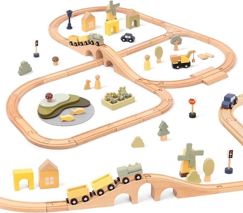 OOOK Multi-Scenario Wooden Train Set with 82pcs Adorable Accessories | FSC Safety, Wooden Train Set for Toddlers 3 Years Old, Multi-Scenario Train Toy for 3 4 5 Years Old Girls & Boys