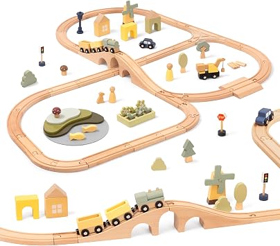 OOOK Multi-Scenario Wooden Train Set,All Wood Accessories Train Set for Toddlers 3 Years Old, Multi-Scenario Train Toy for 3 4 5 Years Old Girls & Boys