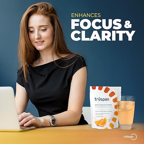 Miniatura 5 de TruSpan Daily Longevity Complex Creatina en polvo, con aminoácidos esenciales, sin azúcar, sabor a salpicaduras de naranja, 30 porciones