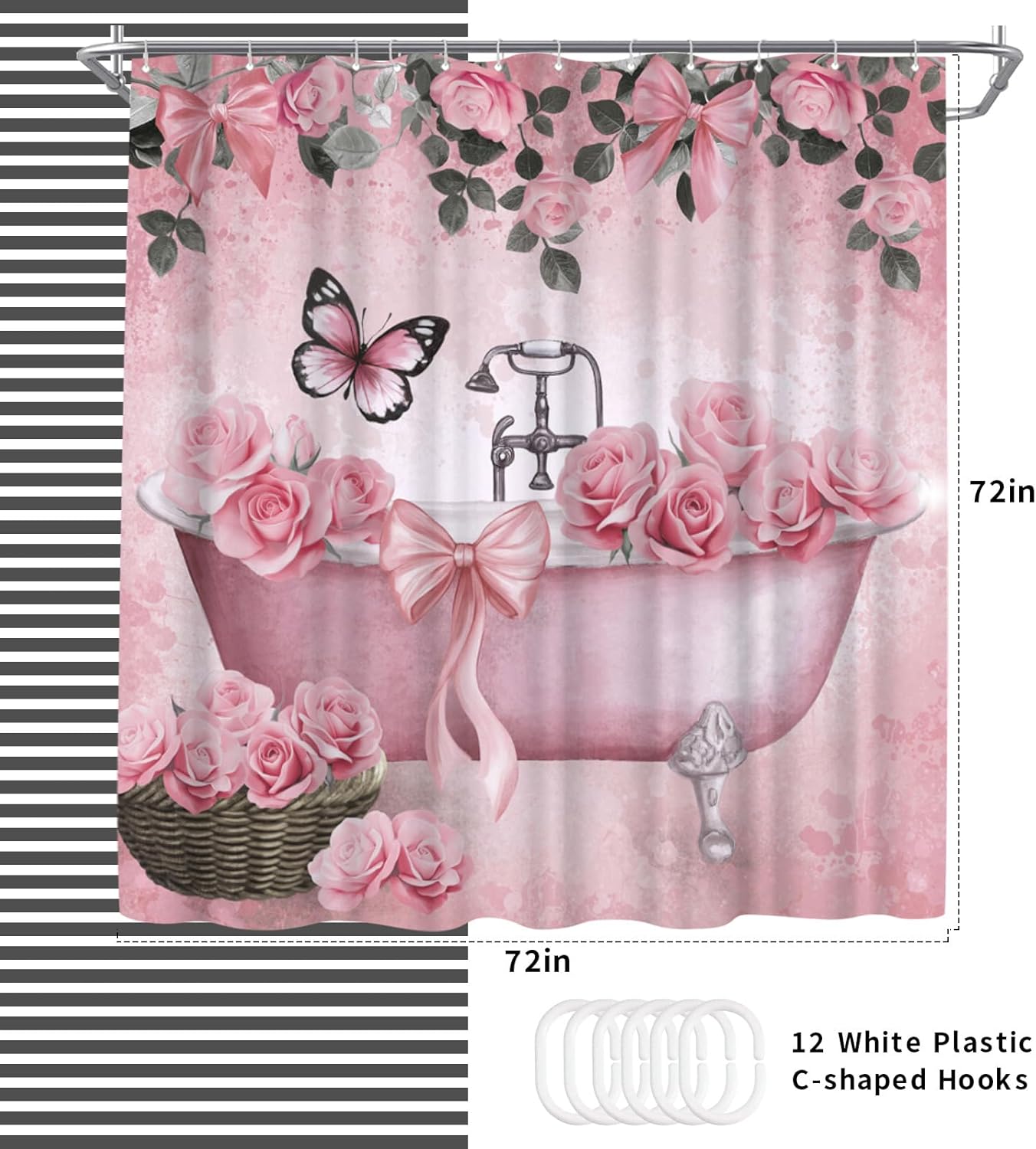 WELMECO Bow Shower Curtain Rose Flower Butterfly Bathtub Painting Printed Cute Bows Polyester Fabric Bathroom Decor Curtain, 72x72inch with Hooks (Pink)