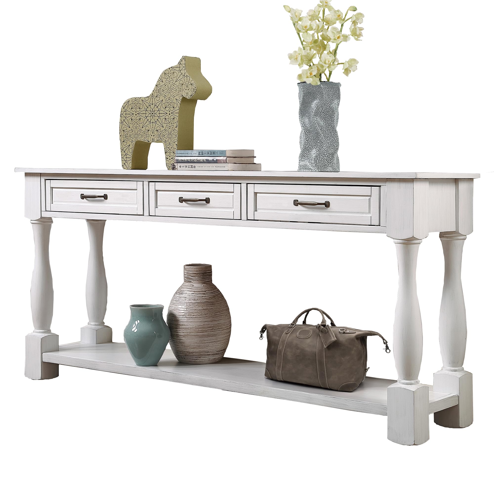 LKTART Solid Wood Console Table for Entryway,Long Sofa Table with 3 Drawers for Hallway,Foyer,Entry,Easy Assembled (63" Antique White)