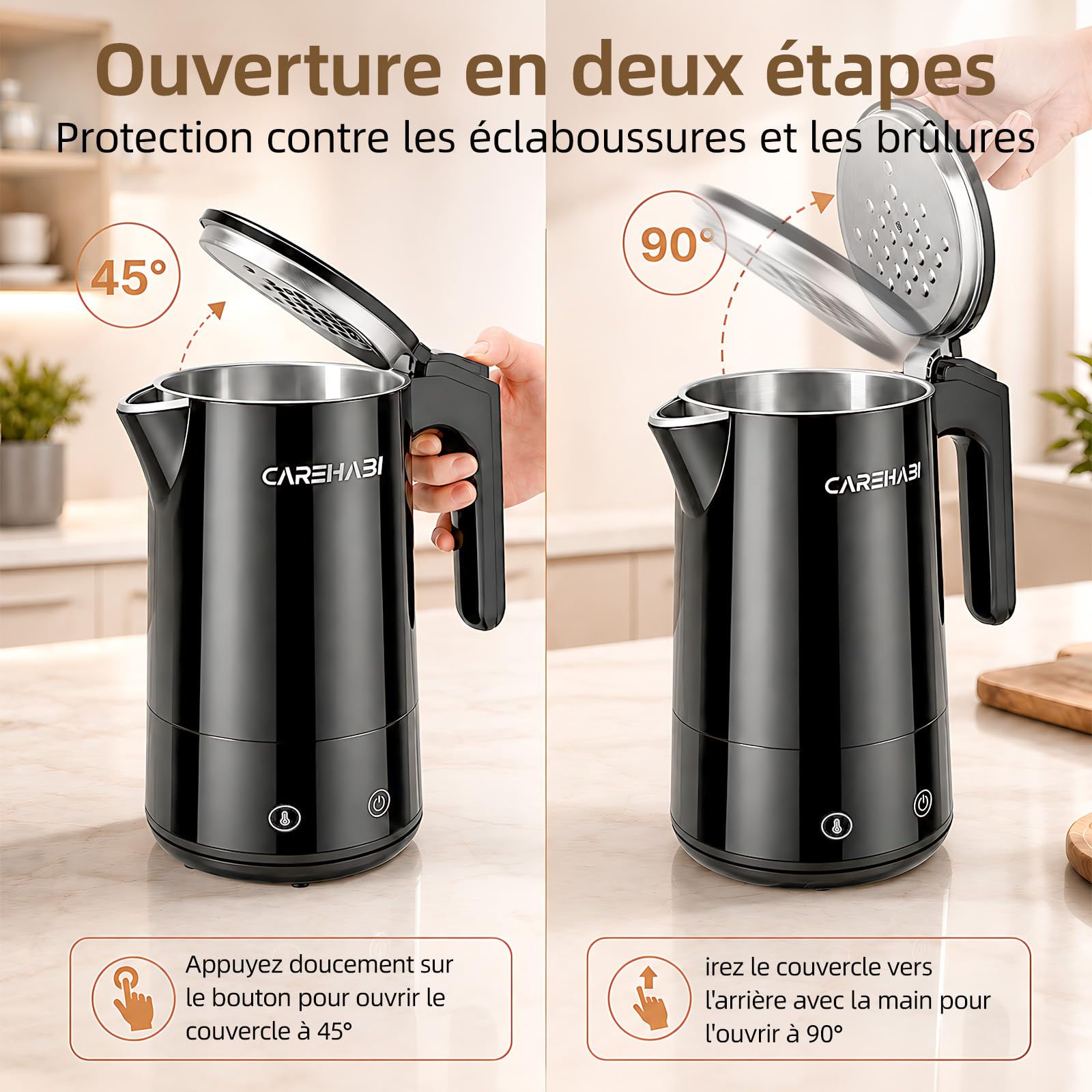 Carehabi Bouilloire Électrique 1,7L 2200W Maintien au Chaud 12H Sans BPA