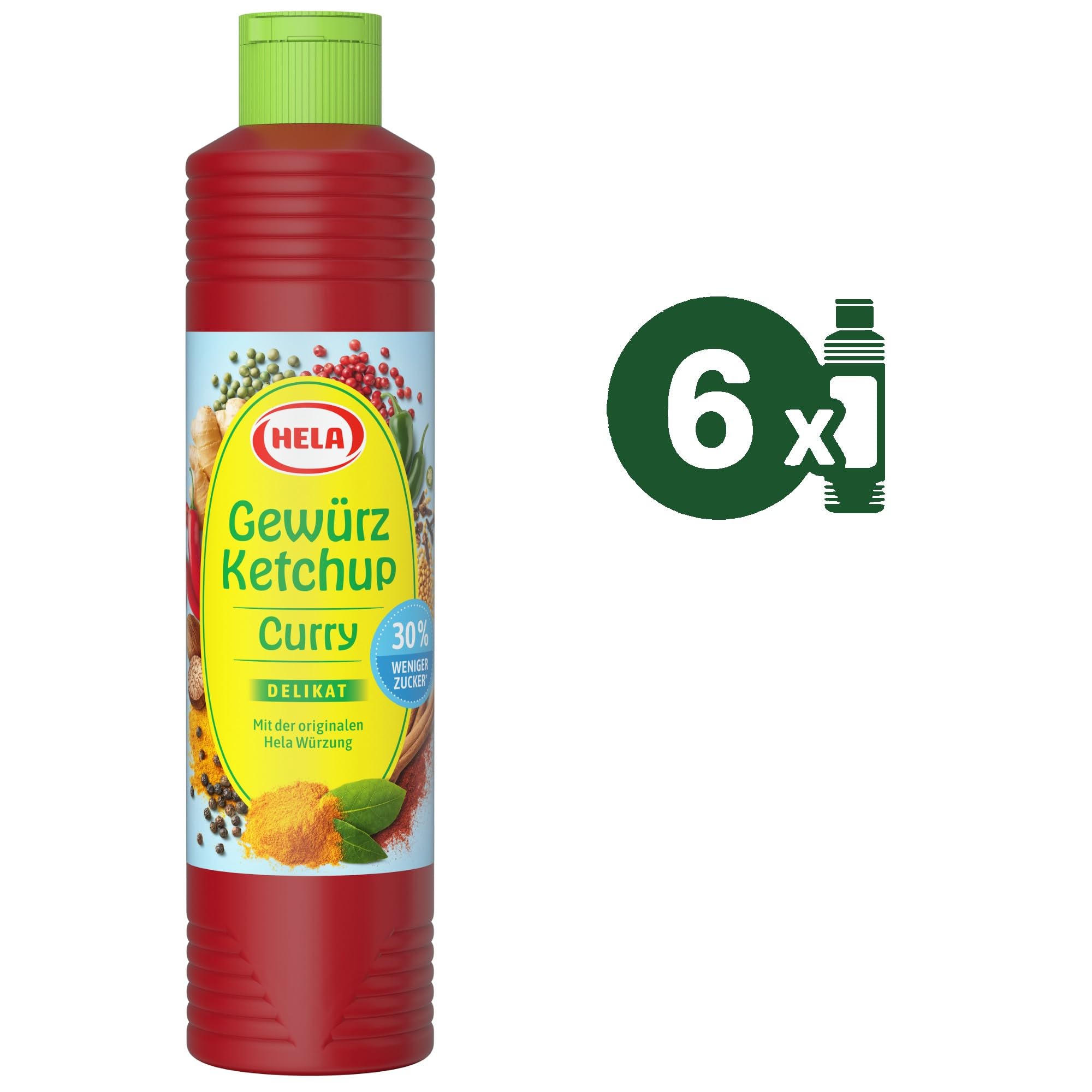 Hela Gewürz Ketchup Curry delikat 6er Pack (6 x 800 ml) 30% weniger Zucker & ohne Süßungsmittel – Die originale Curry Würzsauce für Grillen, Pommes & Dips – Würziger Ketchup Vorratspack