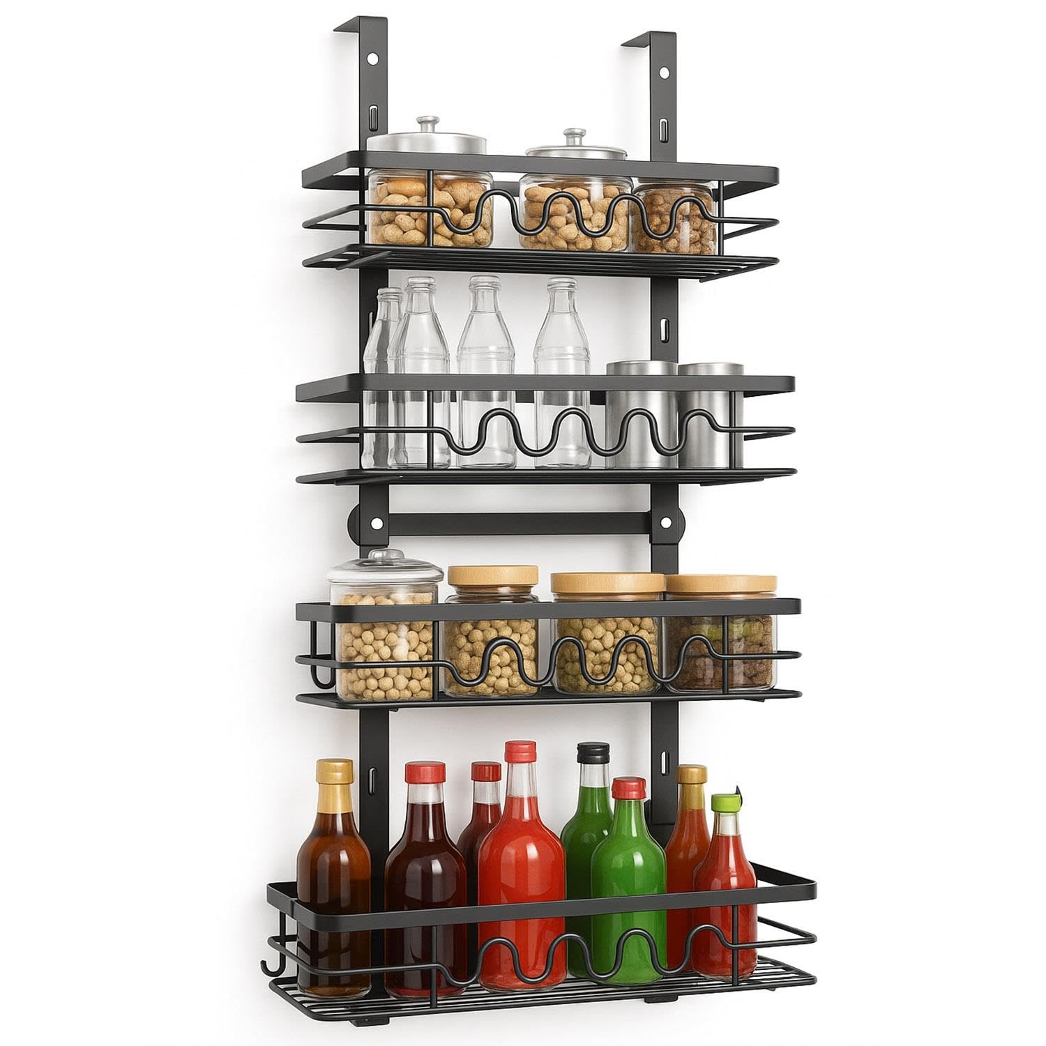 Greenfields 4 Tier Over Door Pantry Organiser – Adjustable Metal Hanging Storage Rack with Removable Baskets – Heavy Duty Wall Mount Spice Rack for Kitchen, Bathroom & Utility Room
