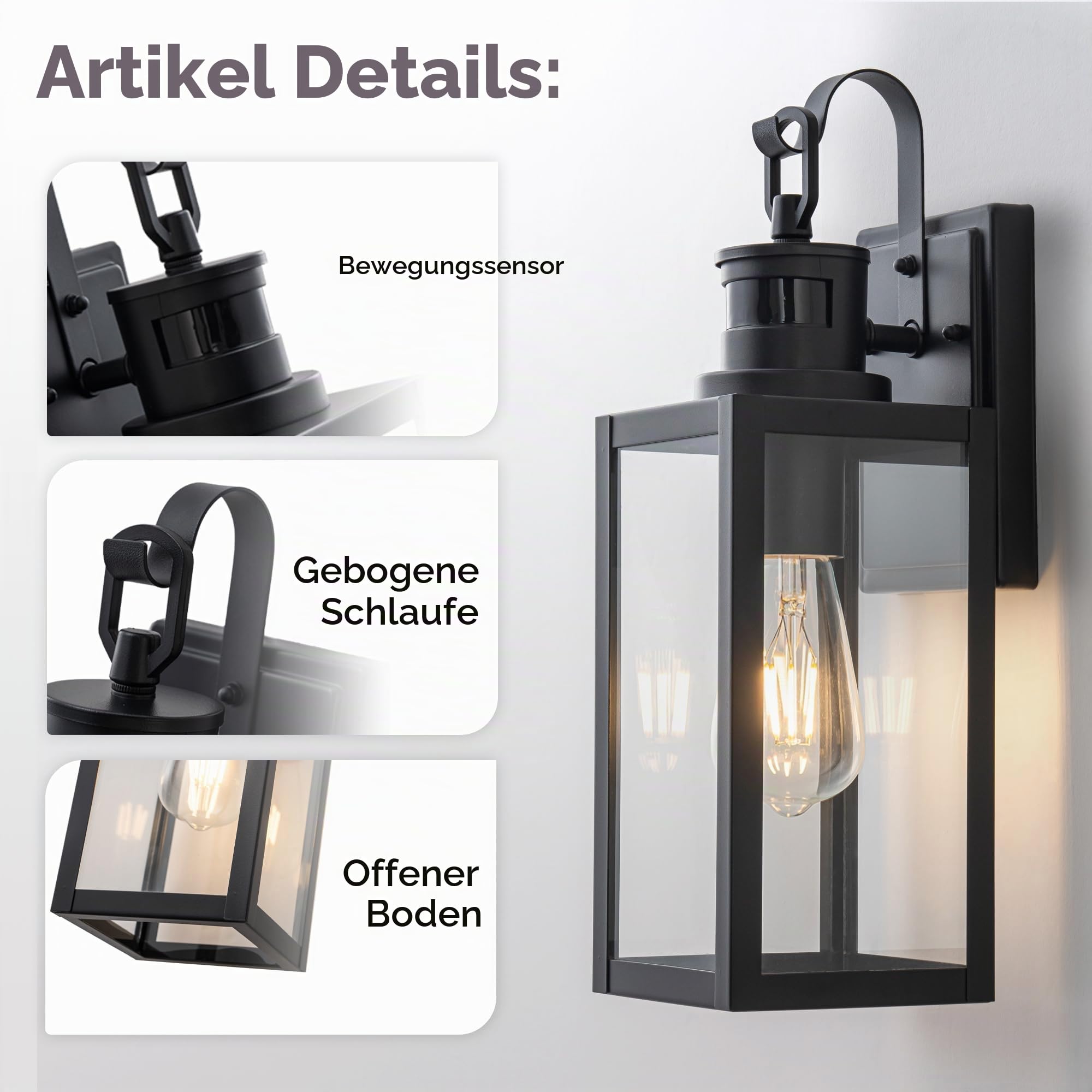 FTL Wandlampe Laterne Aussen mit Bewegungsmelder, 3 Beleuchtungsmodi Aussenlampe mit Bewegungsmelder, E27 Außenwandleuchten, Mattschwarz Ausenbeleutung Hauswand für Veranda, Eingang, IP44 Wasserdichte