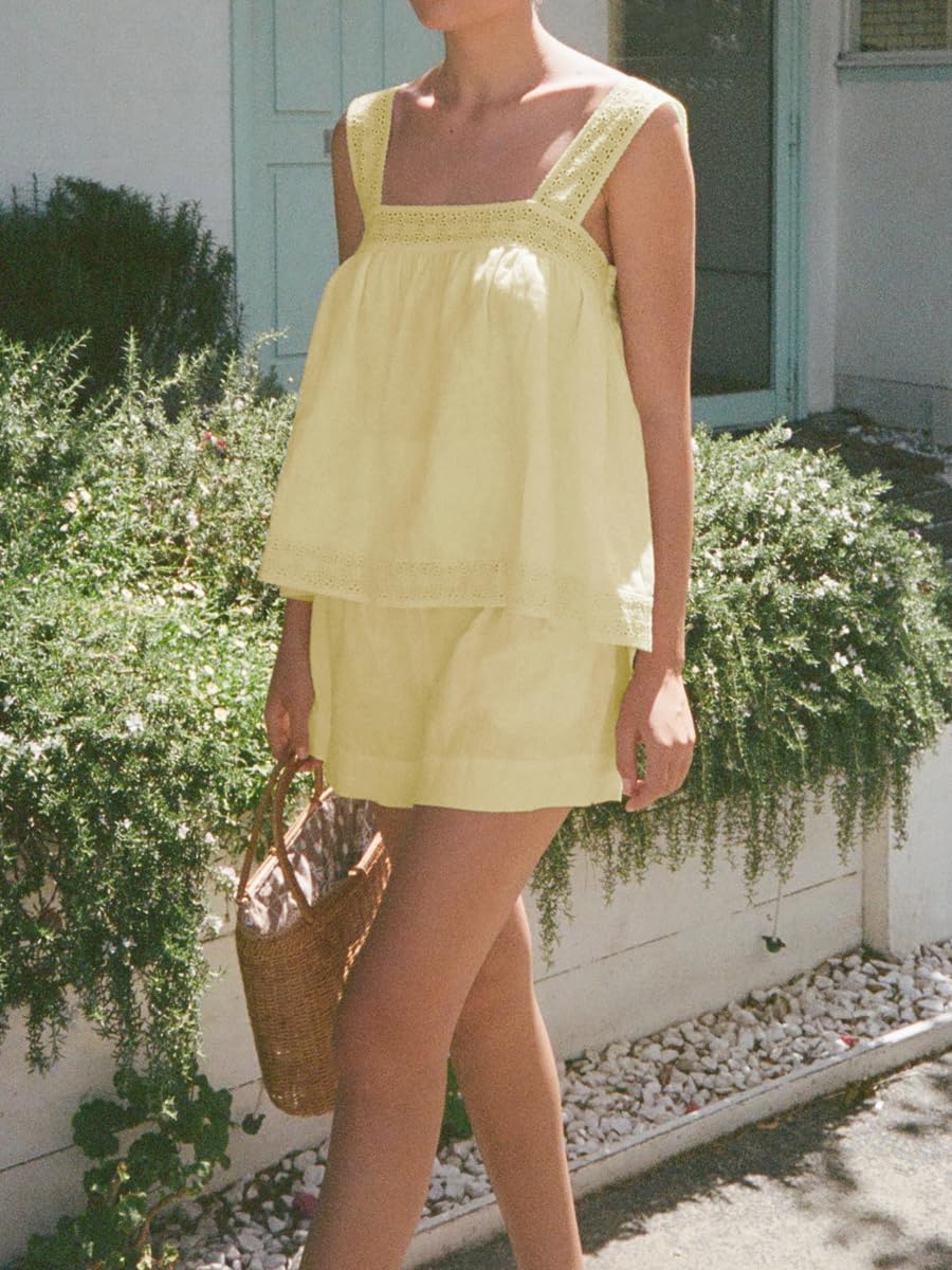 Womens Summer 2 Piece Short Sets Sleeveless Top and High Waist Wide Leg Shorts Cotton Pajamas Set - Image 3