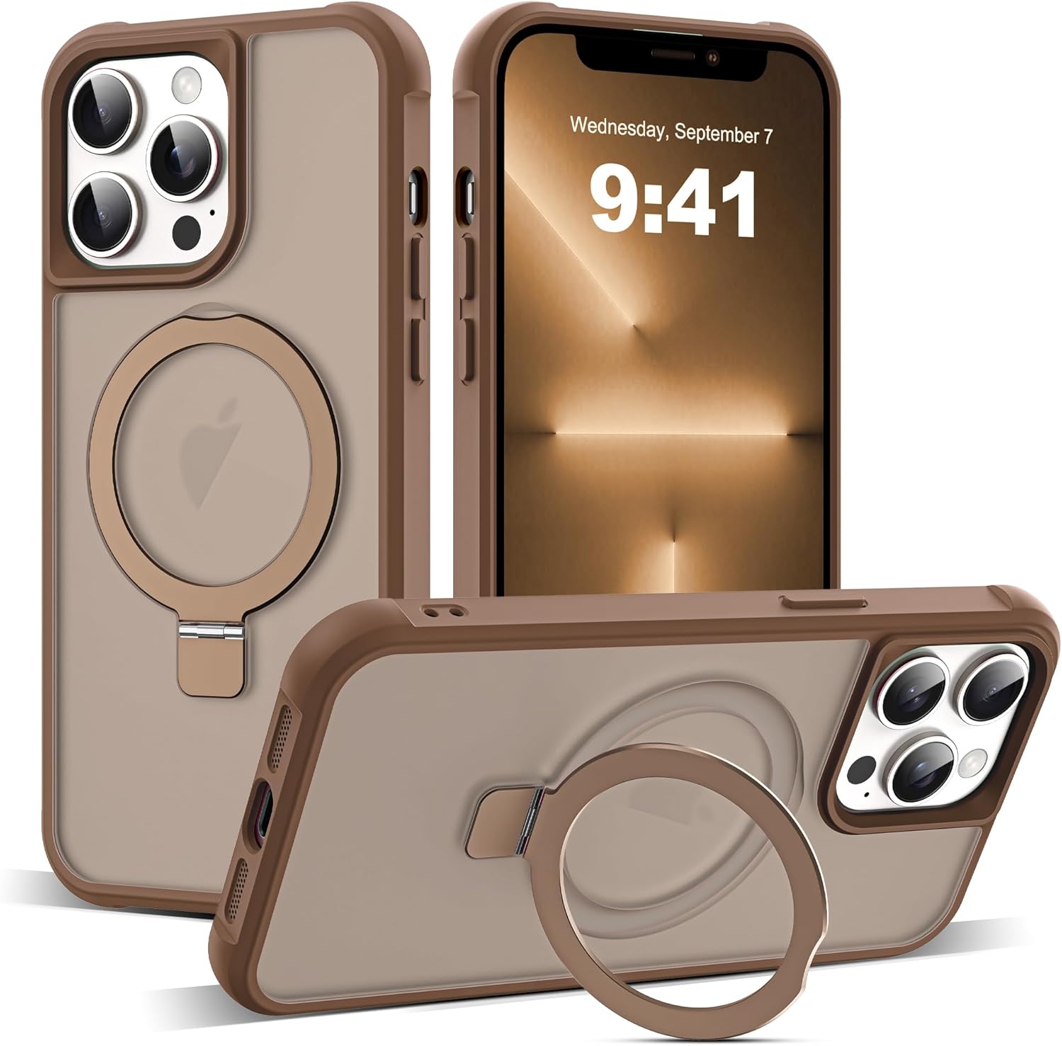SKYLMW Compatible with iPhone 12 Pro Max Case & iPhone 13 Pro Max Case with Invisible Magnetic O-Ring Stand Translucent Phone Cases 6.7" [Compatible with Mag-Safe][Great Grip Feeling], Brown