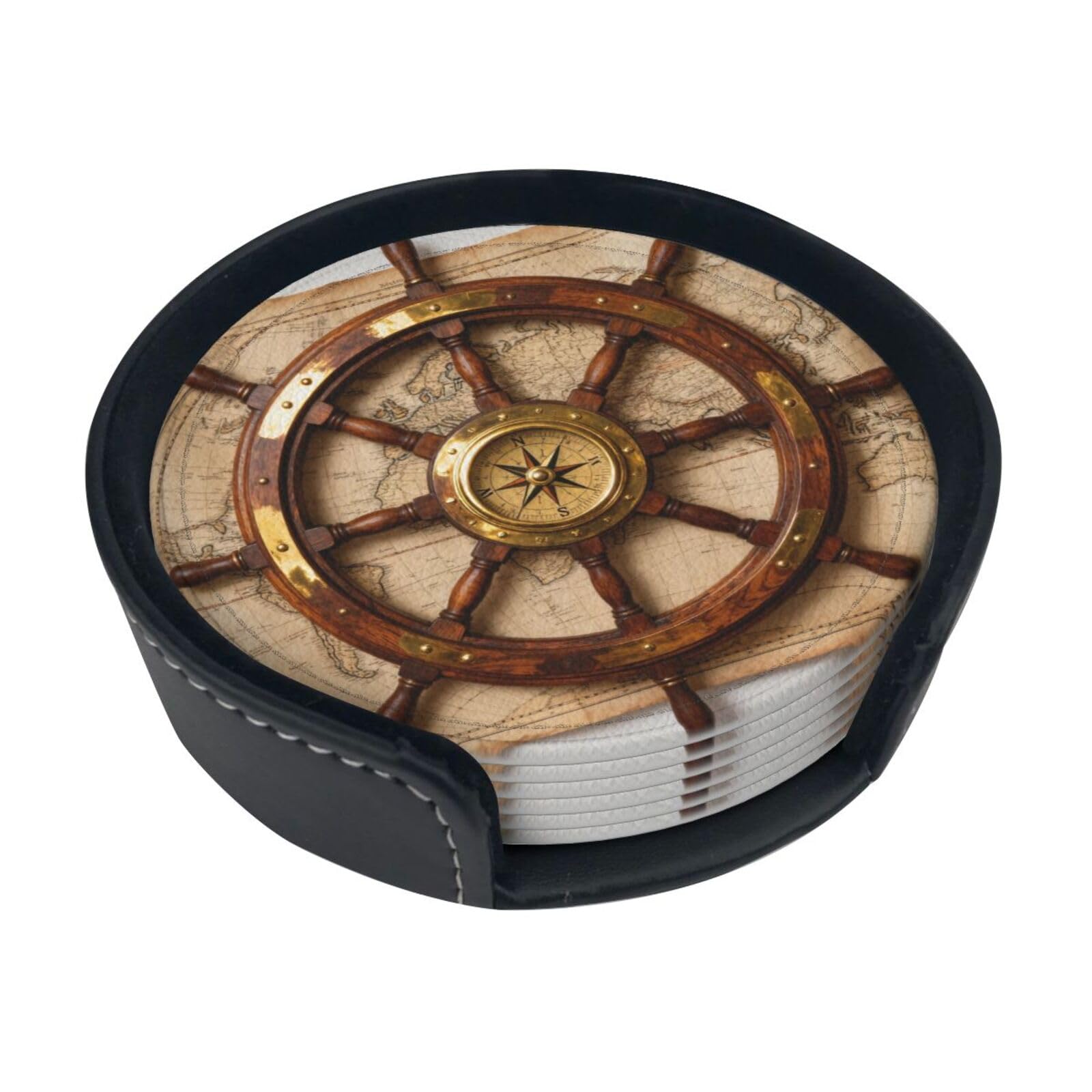 Cntdbu White Ship Wheel Compass Leather Coasters Set Of 6-Pu Leather Drink Mats For Table, Heat Resistant Round Coasters With Holder