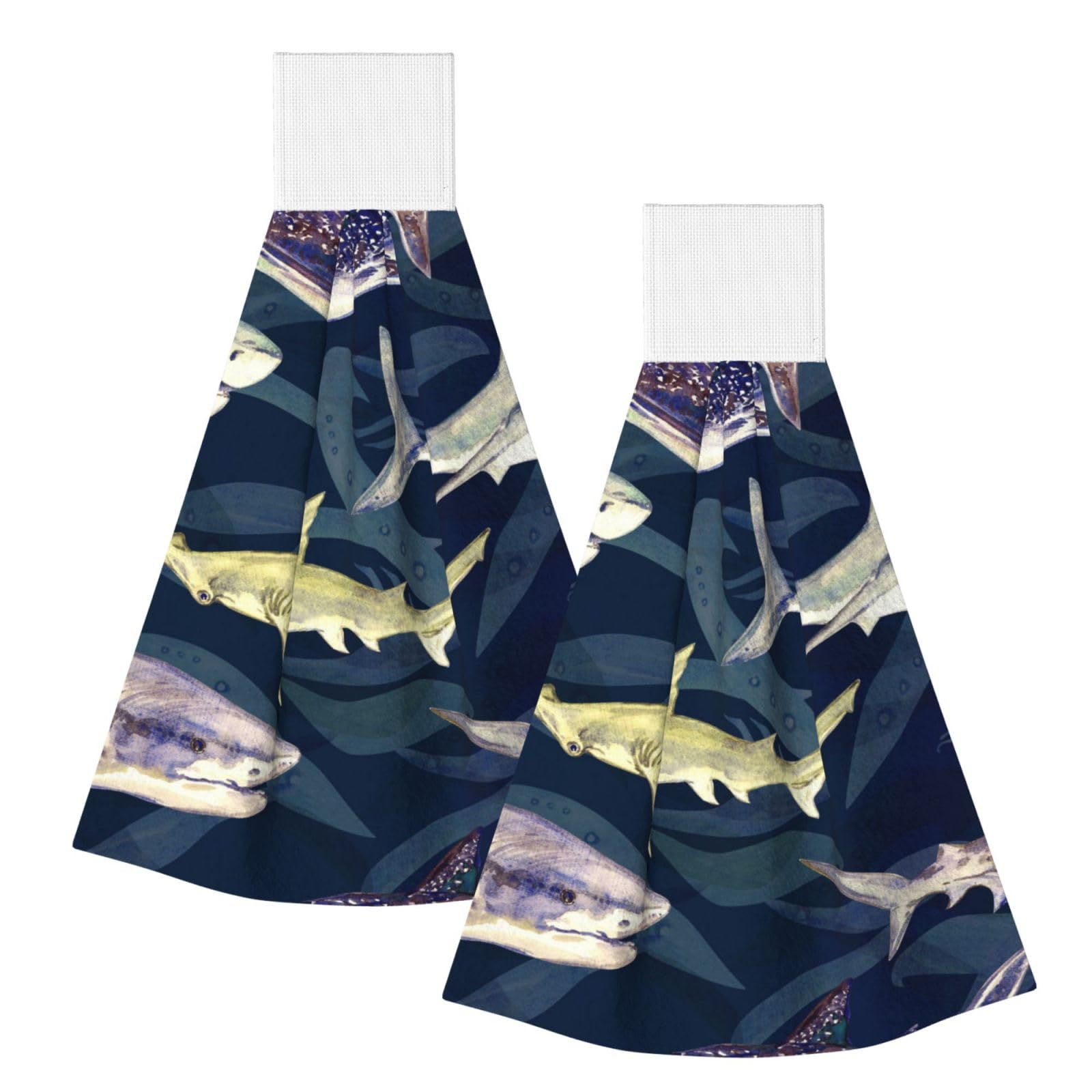 DOPKLNA Shark Whale Marine Life, 2 Pcs Hanging Coral Fiber Hand Towels for Bathroom, Absorbent Kitchen Towels