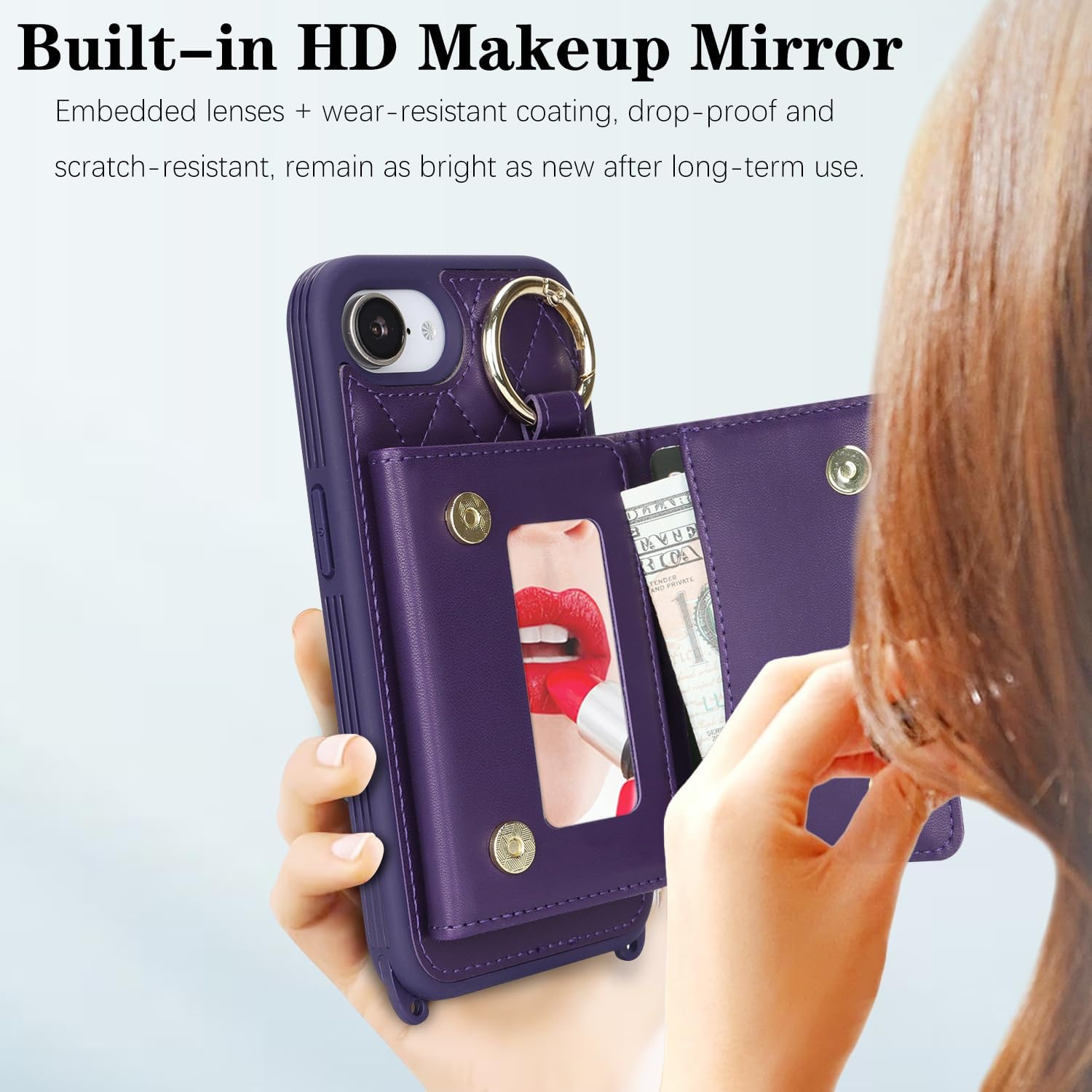 for iPhone 17e / 16e Case with Card Holder and Strap for Women,Crossbody Lanyard, Make Up Mirror,Ring Stand,Snap Clasp,Cute Phone Wallet Cases 6.1 inch - Deep Purple