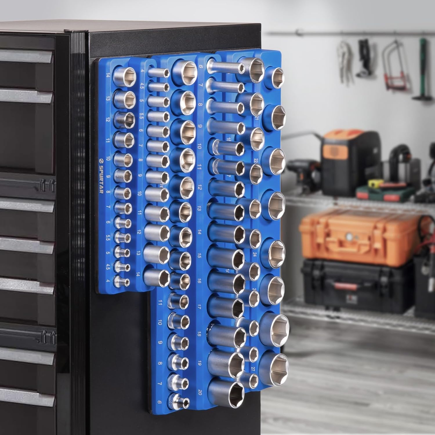 Spurtar Magnetic Socket Organizer 6Pcs, Metric and SAE Magnetic Socket Holder Includes 1/4", 3/8", 1/2" Drive Metric SAE Socket Organizer for Tool Box Drawer, Holds 143 Standard and Deep Size