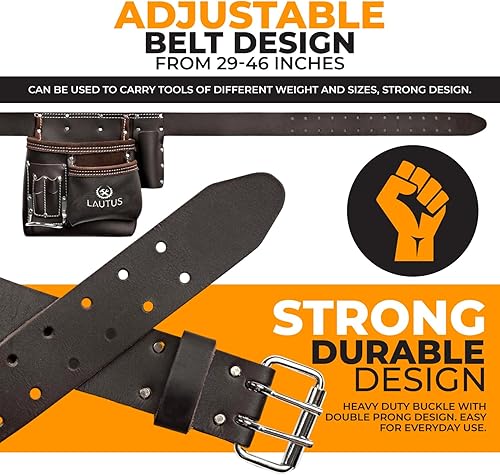 Miniatura 5 de LAUTUS Cinturón de herramientas de cuero curtido con aceite de 5 bolsillos  Bolsa de herramientas multifuncionalbolsa de herramientas  carpintero