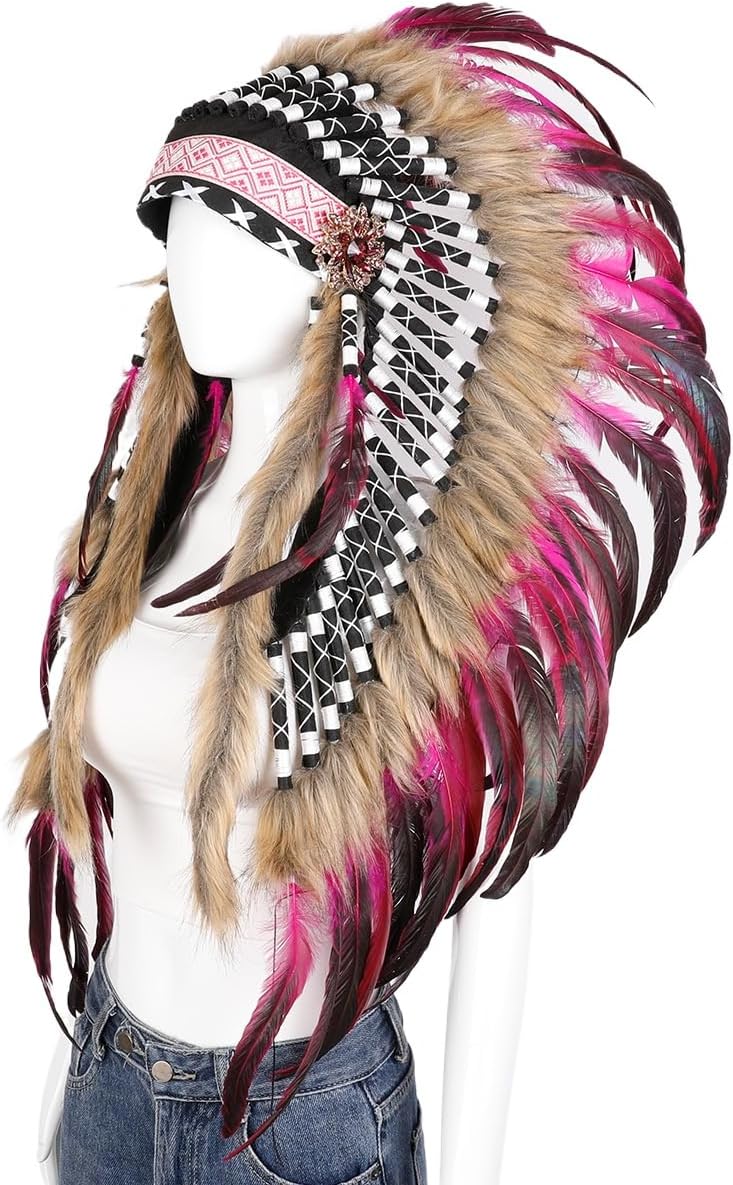 Handmade Feather Headdress Costume Headpiece with Faux Fur – Festival, Party, Halloween, Cosplay Accessory