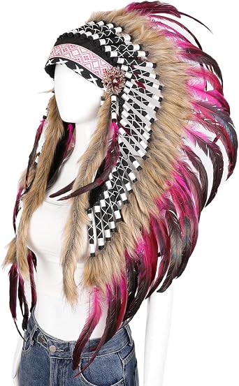 Handmade Feather Headdress Costume Headpiece with Faux Fur Festival, Party, Halloween, Cosplay Accessory