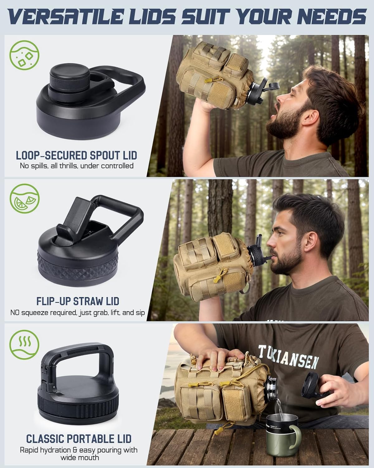 64 oz Insulated Water Bottle with Sleeve, Half Gallon Stainless Steel Tactical Water Jug Large Military Water Bottle with 3-IN-1 Pouch/3 Lids/Straw/Paracord Handle for Gym, Camping, Workout - Image 3