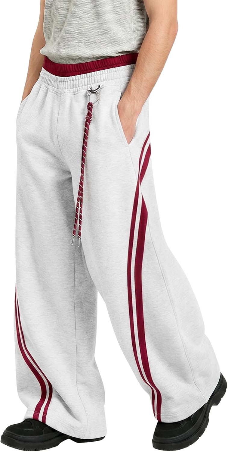 Vamtac Baggy Sweatpants Men Y2K Stripes Wide Leg Double Elastic Waistband Barrel Pants Loose Lounger with Pockets
