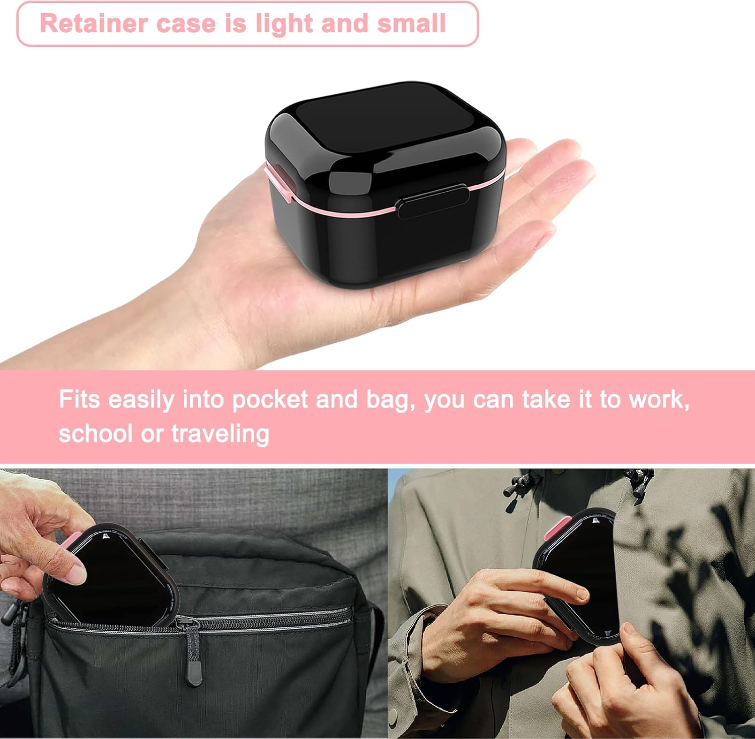Denture Case with Mirror, No-Leak Retainer Cleaning Box for Dentures, BPA-Free ABS Tooth Box with Strainer Basket, Portable Mouth Guard Case for Invisalign, Night Guards