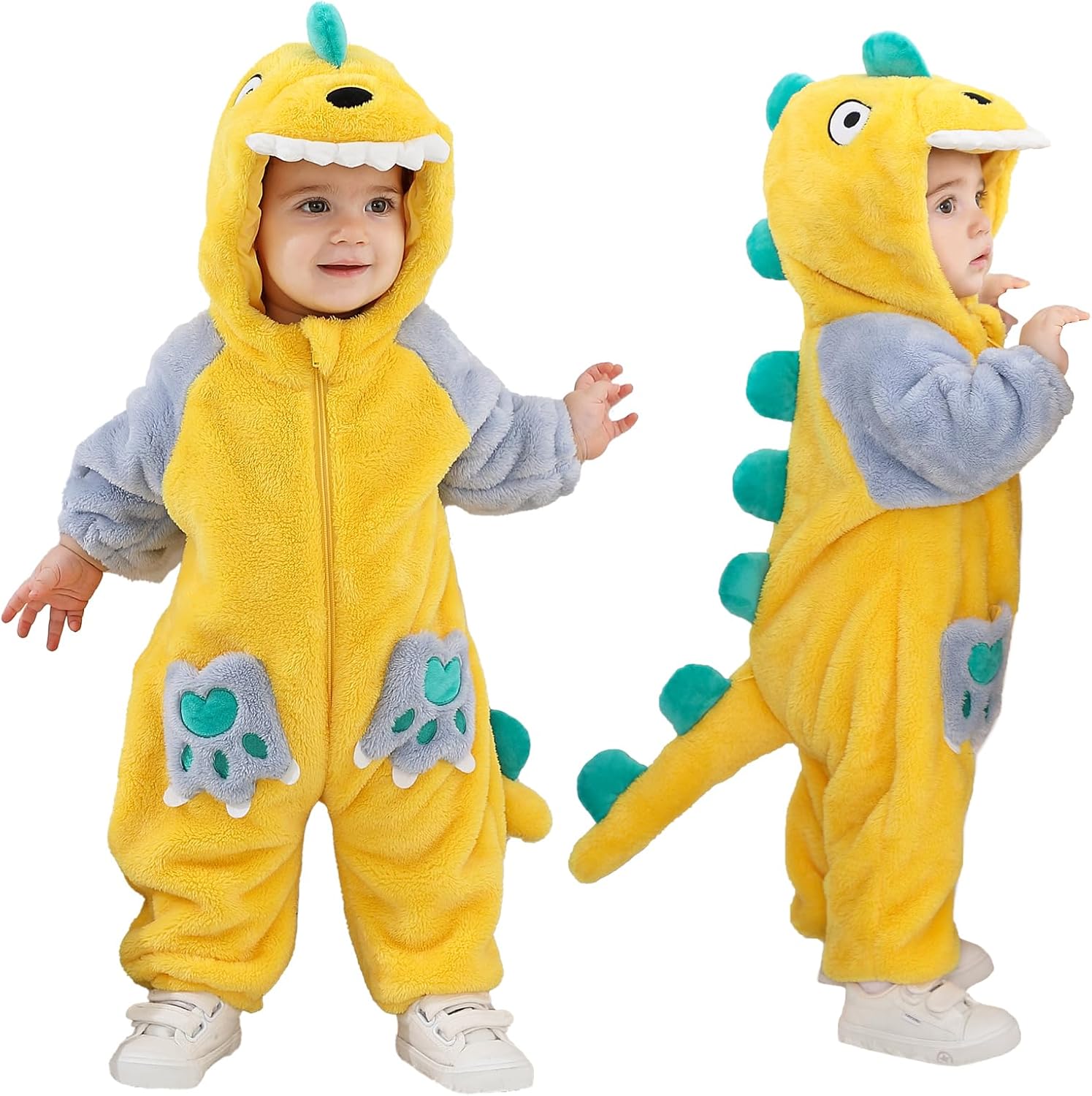 LOLANTA Unisex Baby Dinosaur Costume Fleece Hooded Animal Rompers One Piece Snowsuit