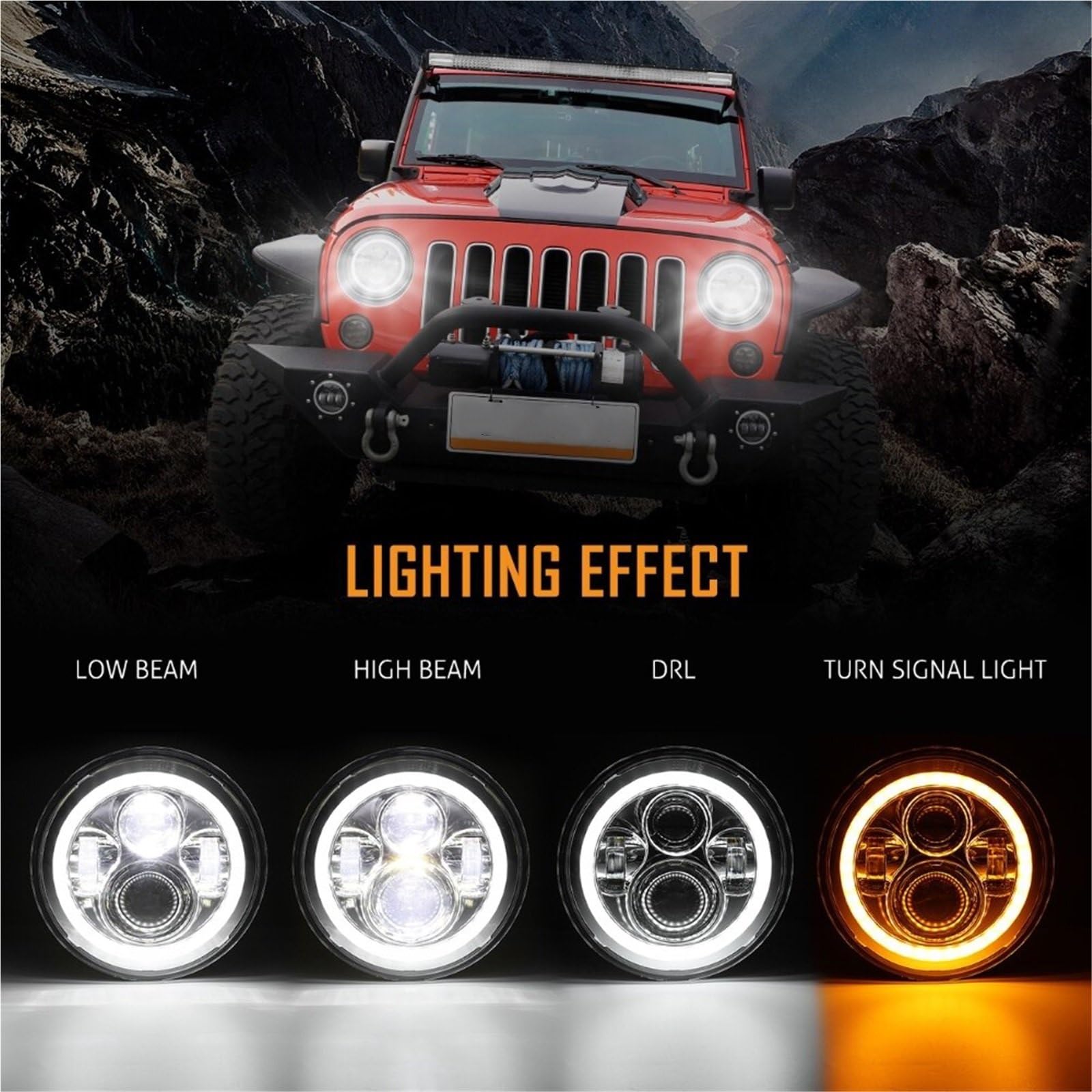 Bombilla para coche 80W coche Led H4 7 pulgadas accesorios de coche Angel Eyes DOT E9 4X4 7 "LED faro Hi-Lo DRL 12V 24V Bombilla LED(Dark Grey)