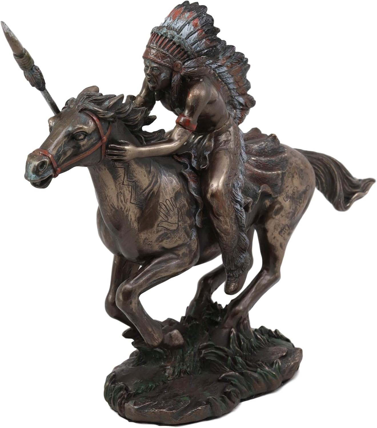 Ebros Tribal Native American Indian Chief Warrior with Trailer War Bonnet Eagle Headdress Charging On Horse with Spear Statue 11" Long Indians Figurines and Statues Cultural Heritage Home Decor