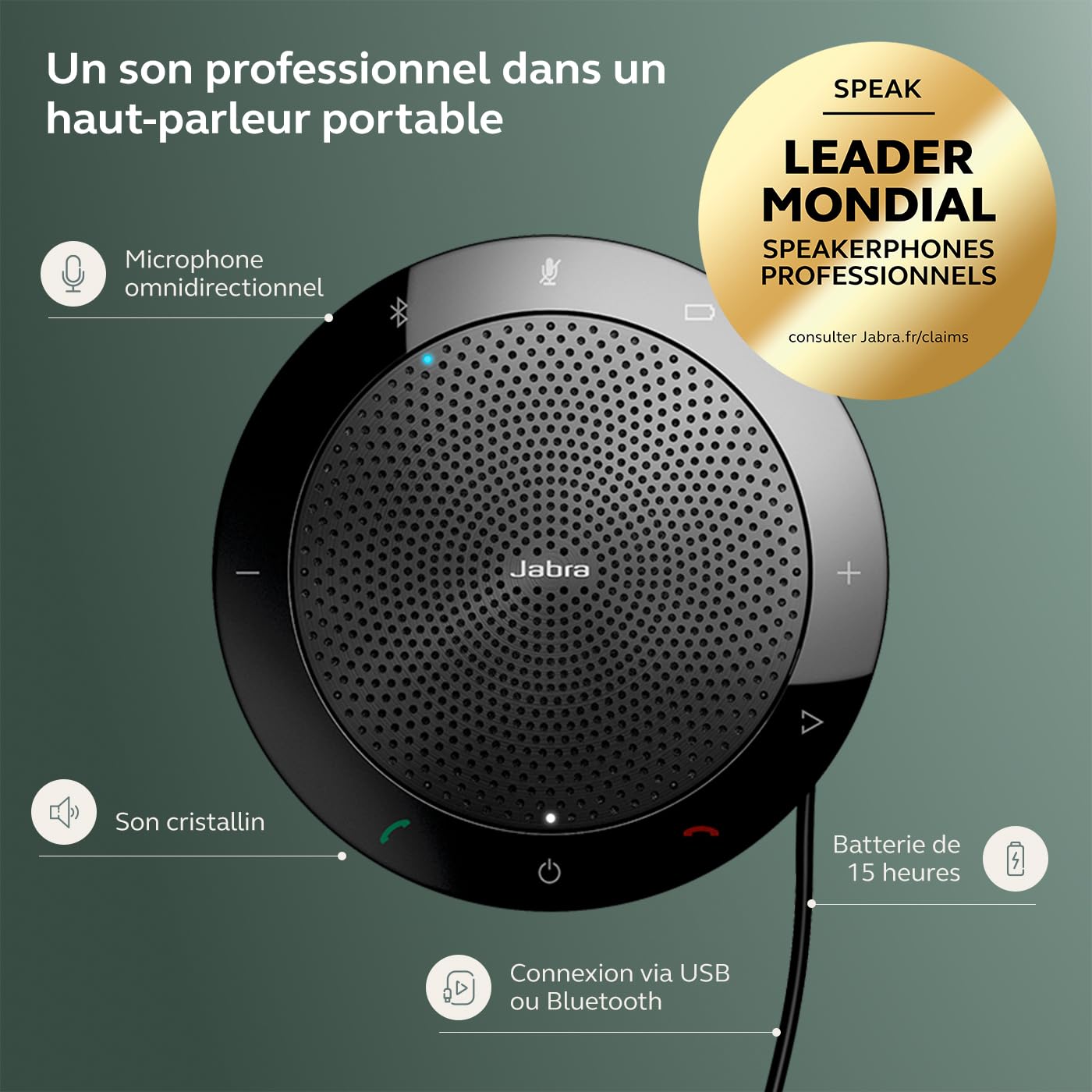 Jabra Speak 510 Haut Parleur – Enceinte Portable Conférence Certifiée Microsoft avec USB – Connectivité avec Ordinateurs Portables, Smartphones et Tablettes