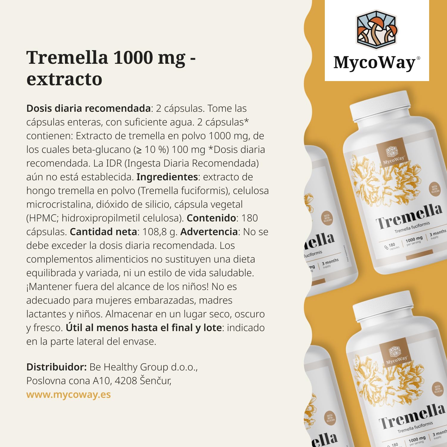 Tremella 1000 mg – Extracto – Tremella Fuciformis – 180 cápsulas vegetales – 10% de betaglucano – «Hongo de la belleza» asiático – Hidratante natural