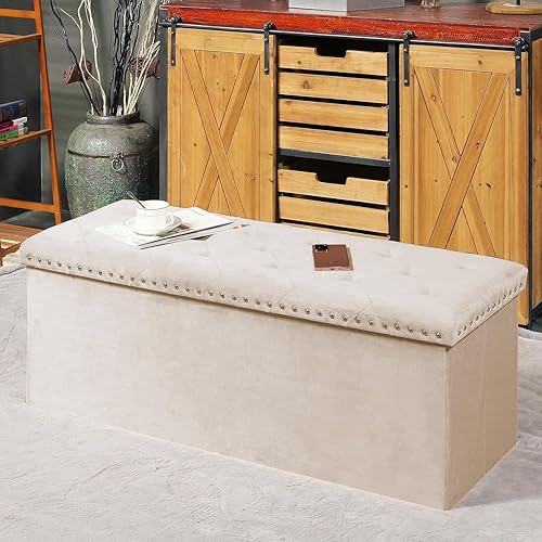 Miniatura 29 de PINPLUS Banco otomano de almacenamiento negro para dormitorio, baúl plegable de terciopelo con bancos, taburete para reposapiés, baúl grande y largo