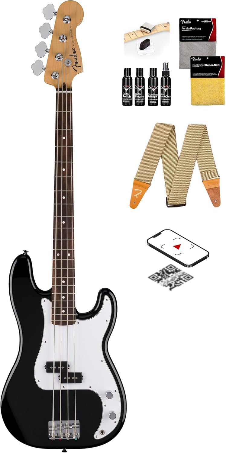 Fender Standard Precision Bass - Black Bundle with Strap, Guitar Cleaning Kit, and Austin Bazaar Instructional Video