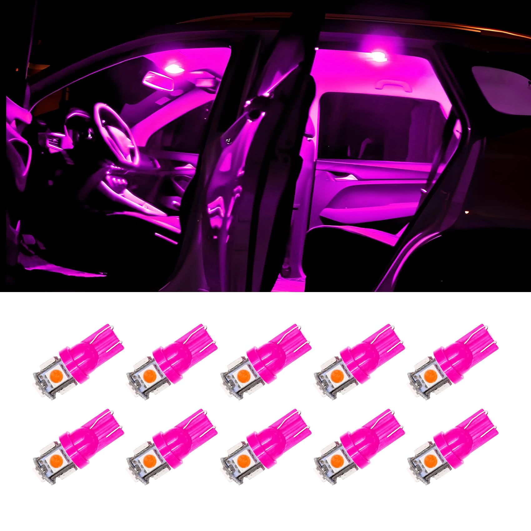 10PCS Car Interior LED Light Bulb, T10 LED Bulb, Car Interior LED Light Bulb, 5SMD 5050 Bright Chips Car LED Lights, Automotive Replacement Bulbs for Car Dome Map (Pink)
