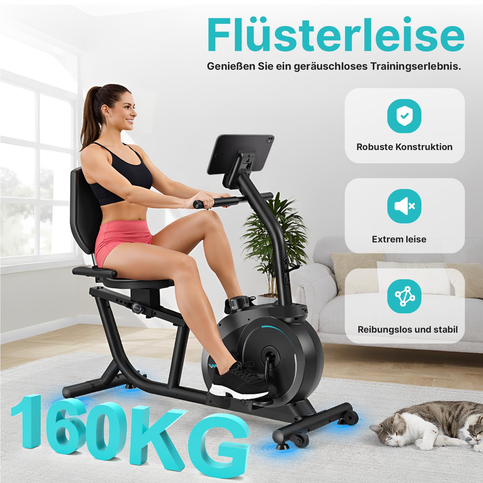 Wenoker Ergometer Liege- Heimtrainer mit Magnetbremse, Pulssensoren und LCD-Display, 16 Widerstandsstufen Bis 160KG, Sitzergometer mit Rückenlehne für Senioren