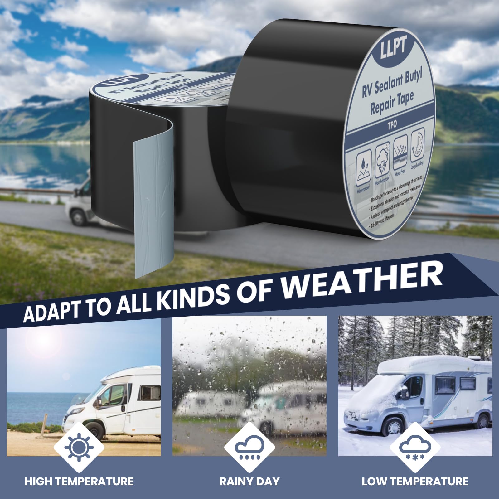 LLPT Nastro Butilico | Bianco | 101 mm x 15 m | Sigillante Impermeabile | Nastro Sigillante Impermeabile per RV | Nastro Adesivo Butilico Extra Forte | per caravan,roulotte,camper,RV (SV62110WT4)